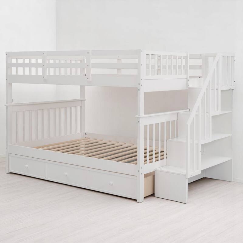 Full Over Full Bunk Bed with Storage Staircase and Shelves, Convertible Design, No Box Spring Needed,kid beds