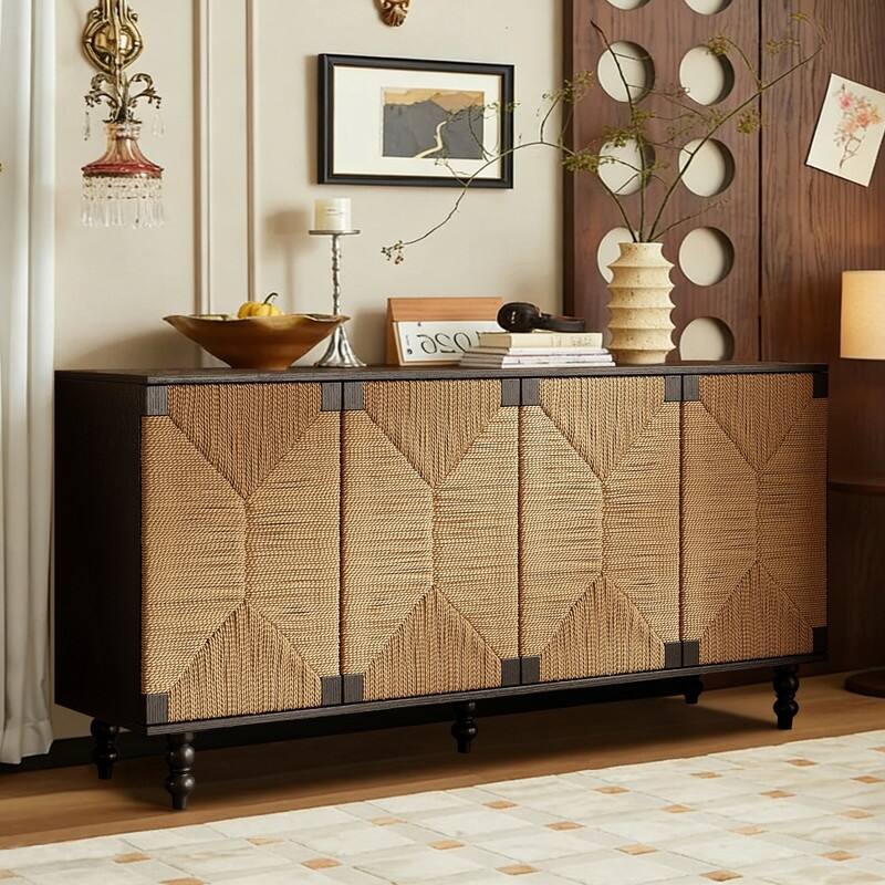 59" Sideboard Buffet Cabinet with Elegant Handwoven Seagrass Doors for Stylish Home Storage
