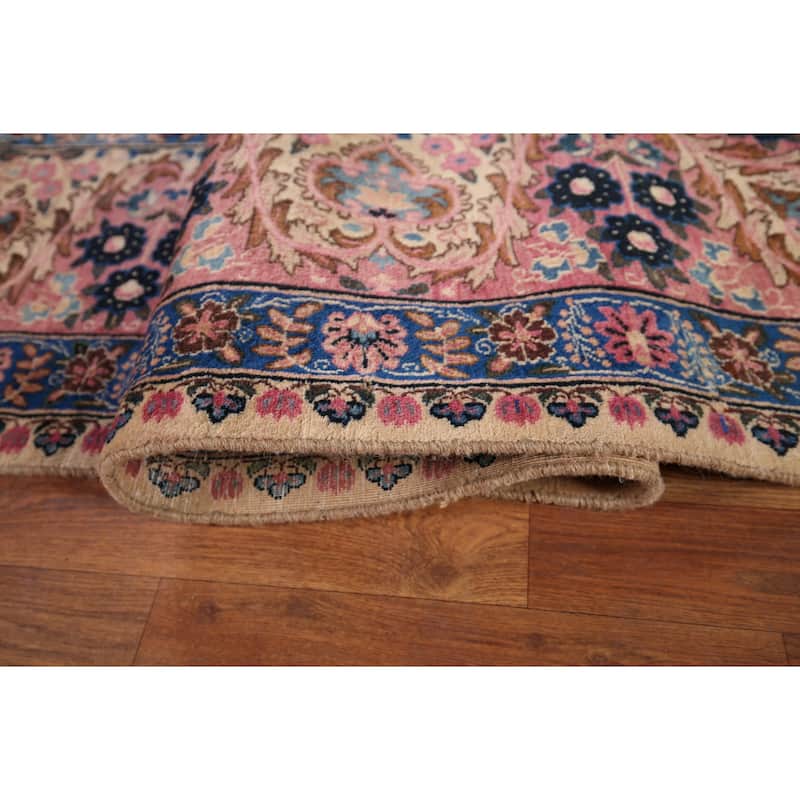 Vegetable Dye Pink Yazd Vintage Persian Area Rug Handmade Wool Carpet - 9'7" x 12'5"