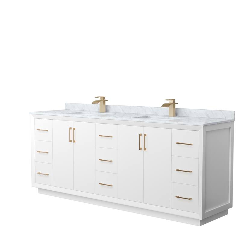 Strada 84-Inch Double Vanity Set, Carrara Marble Top - White, Bronze Trim, Carrara Marble Top