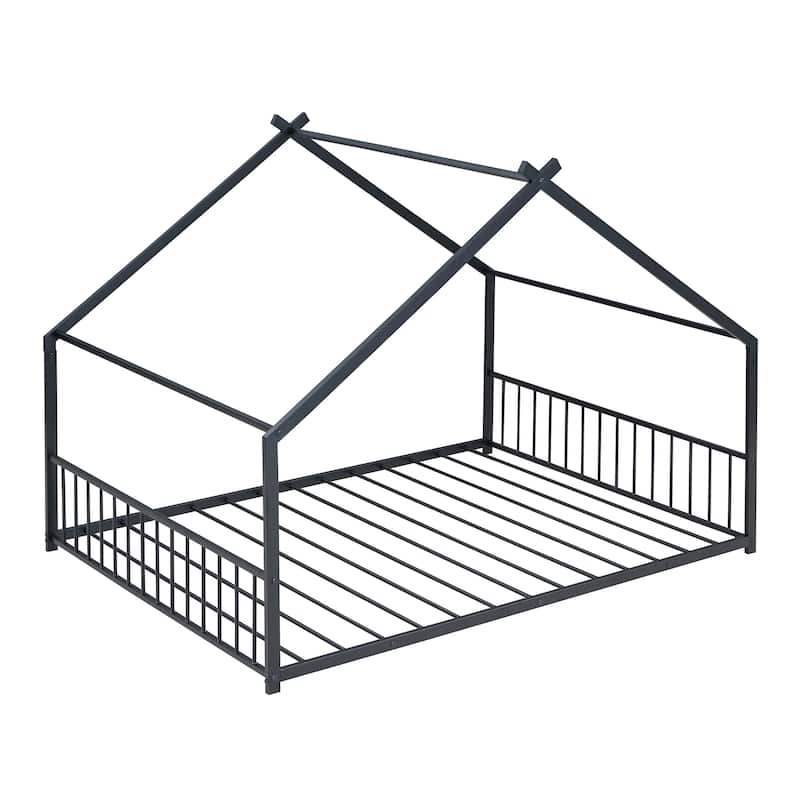 Metal House Bed with Roof, Fence, and Back