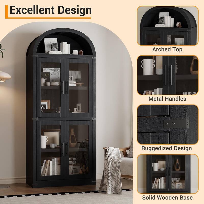 71" Tall Arched Bookshelf - Wooden Bookcase Storage Cabinet Rounded Display Storage Shelves Cabinet