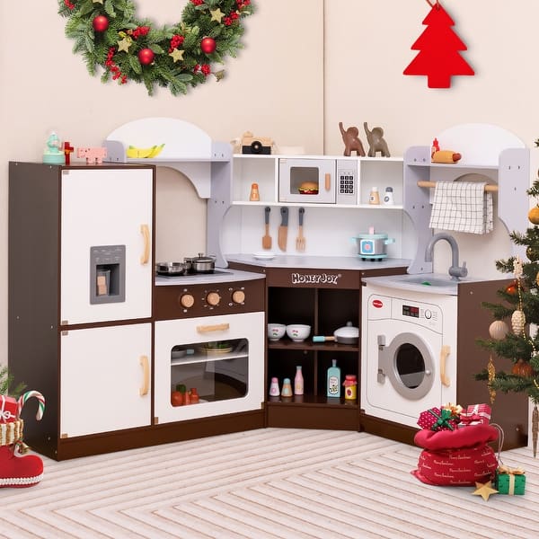 slide 2 of 9, Toddler Kitchen Playset with Ice Maker Microwave Oven Sink and Washing Machine for Kids - 16.5" x 11.5" x 37" Brown