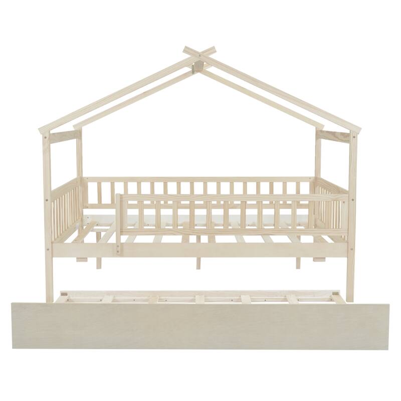 Full Size Wooden House Bed with Twin Trundle, Natural Finish