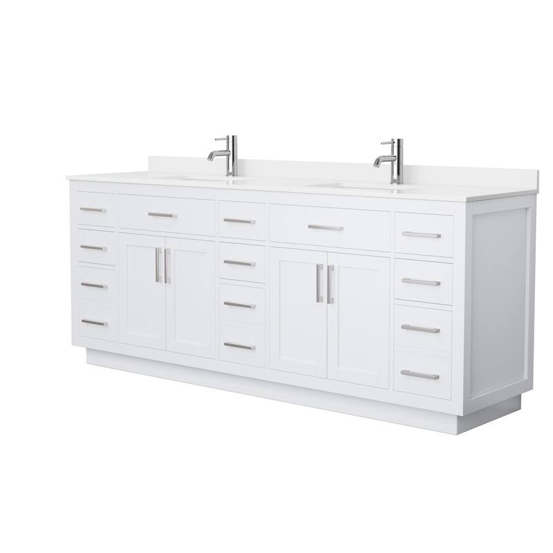 Beckett TK 84-inch Double Vanity, Single Hole Quartz Top - White, Nickel Trim, White Quartz Top