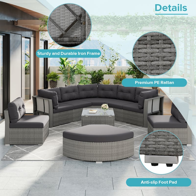 Rattan Sectional Outdoor Furniture Set with Cushions Modular Daybed Iron Frame for Patio Garden Use