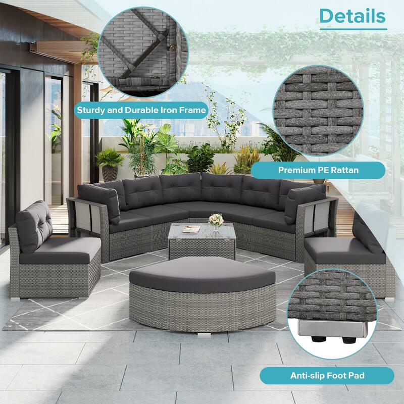 Roomfitters Outdoor Rattan Sectional Daybed Furniture Set with Cushions & Center Table for Patio