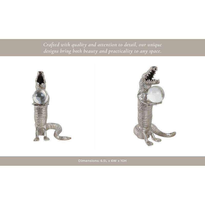 Metal Glass Alligator Figurine Holding Acrylic Clear Orb - 11" Silver - 6.5" x 5" x 10.5"