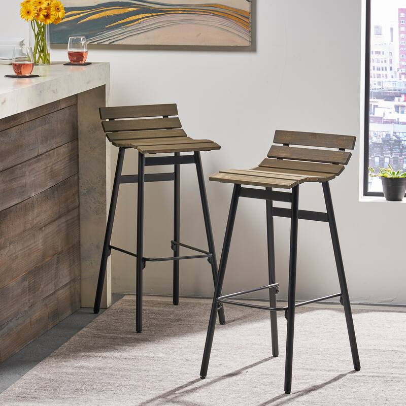 Roomfitters 2-Piece Modern Industrial Bar Stools, Wood Slat Counter Height Chairs with Metal Legs for Dining - Grey