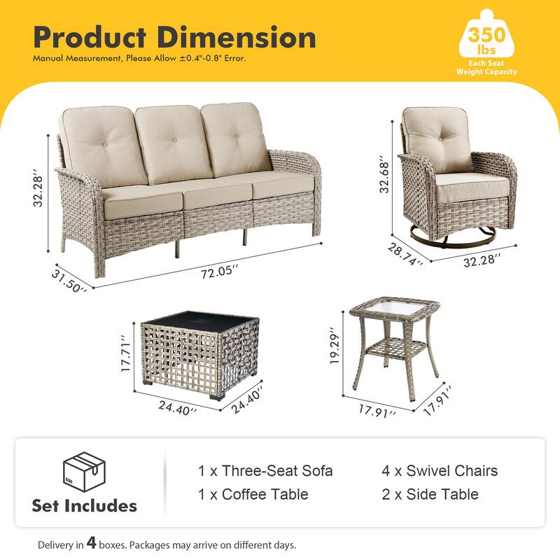 HOOOWOOO 8-piece Patio Wicker Rattan Swivel Rocking Chair Set with Solar-powered Table