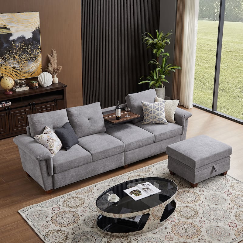 109" Modern 4 Seaters Towelling Sectional Sofa with Hidden Coffee Table Adjustable Headrest and Large Storage Space