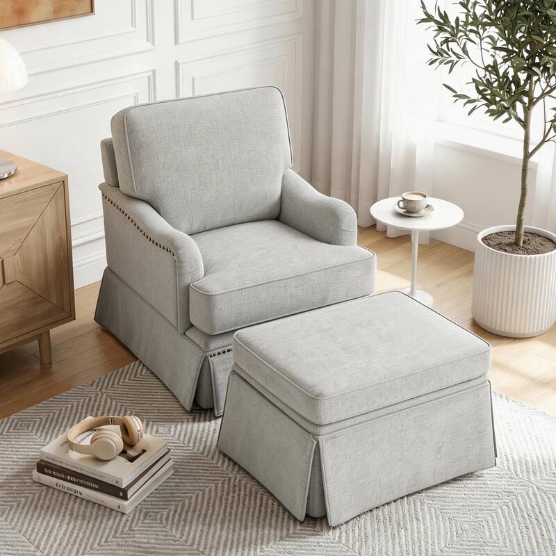 Modern Chenille Swivel Armchair Storage Ottoman - Set of Chair with Ottoman - Ash Grey