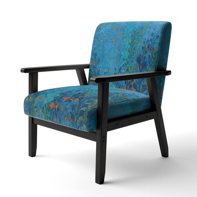 Designart "Blue Underwater Lake Leaves I" Upholstered Nautical & Coastal Accent Chair - Arm Chair - Arm Chair