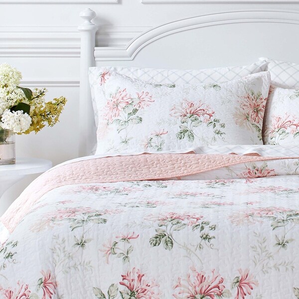 Laura Ashley Honeysuckle Cotton Reversible Pink Quilt Set - On