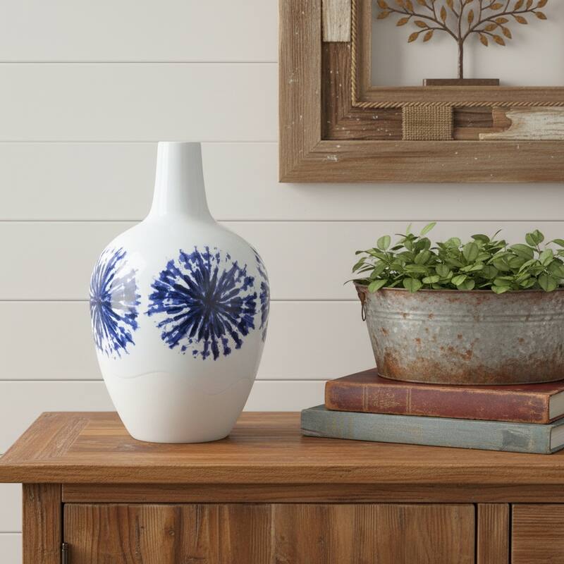 11" White And Blue Geometric Medallion Ceramic Urn Vase - 6.50 - White/Blue - 6.50
