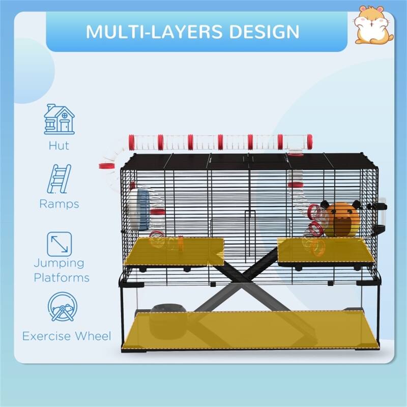 Black-Transparent Tempered Glass Hamster Cage with Steel Frame and Accessories - 31" L x 19" W x 22.4" H