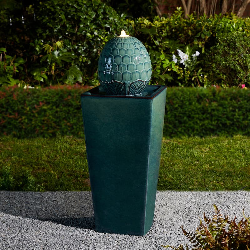 36"H Oversized Artichoke Pedestal LED Ceramic Fountain by Glitzhome