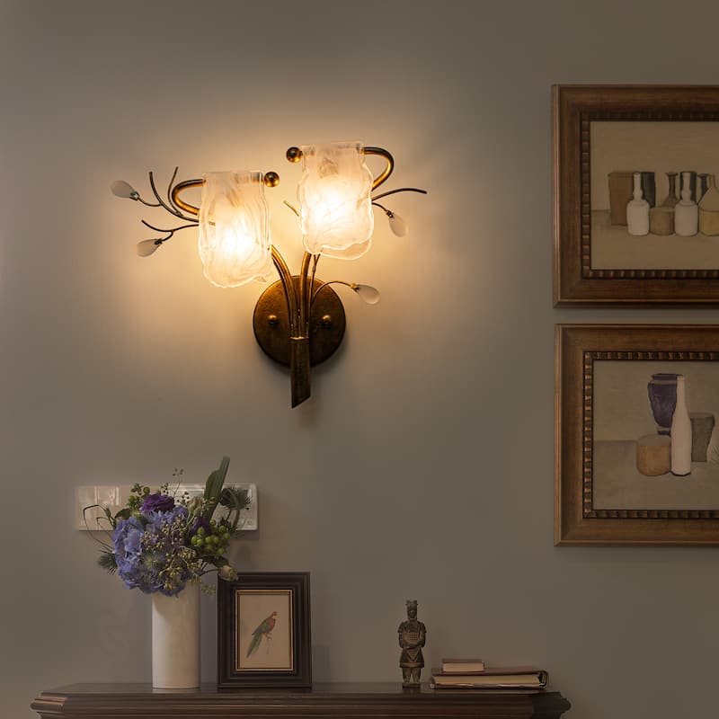 2-Light Wall Sconce with Floral Branch Design and White Glass Shades