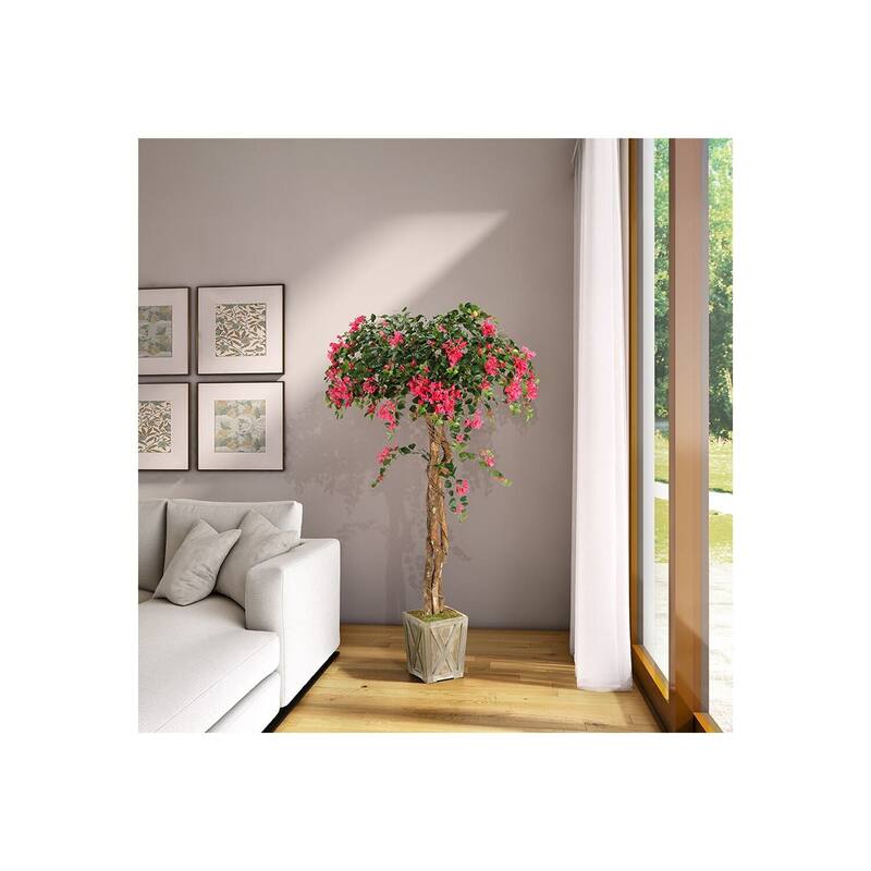 HomeStock 6' Bougainvillea Tree in Weathered Wooden Box - Vibrant Faux Tree for Indoor Tropical Charm - 72