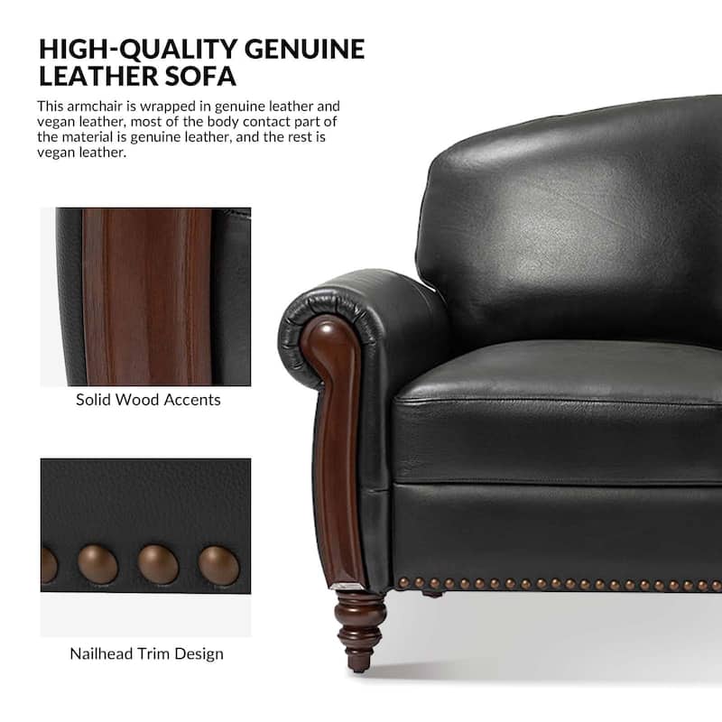 Eduard 84" Traditional Genuine Leather Sofa with Carved Wood Legs by HULALA HOME
