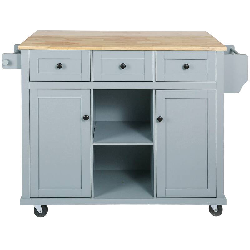 Rolling Kitchen Island Cart with Rubberwood Drop-Leaf Countertop, Storage Cabinet, Drawers & Adjustable Shelves