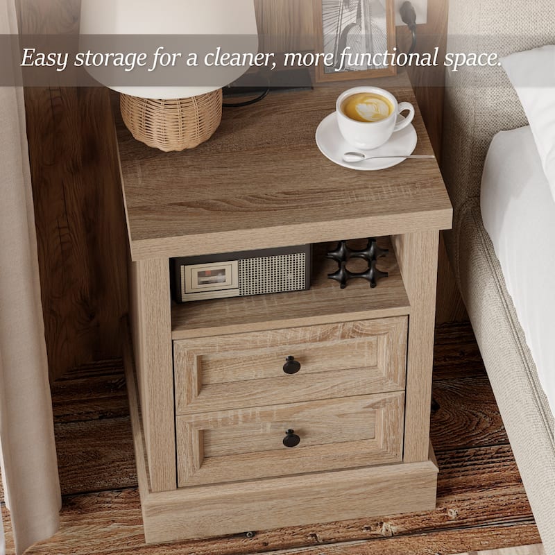 COZAYH Farmhouse Nightstand with Charging Station, Vintage Bedside Table Featuring Outlet & USB Ports, 2 Drawers and Open Shelf