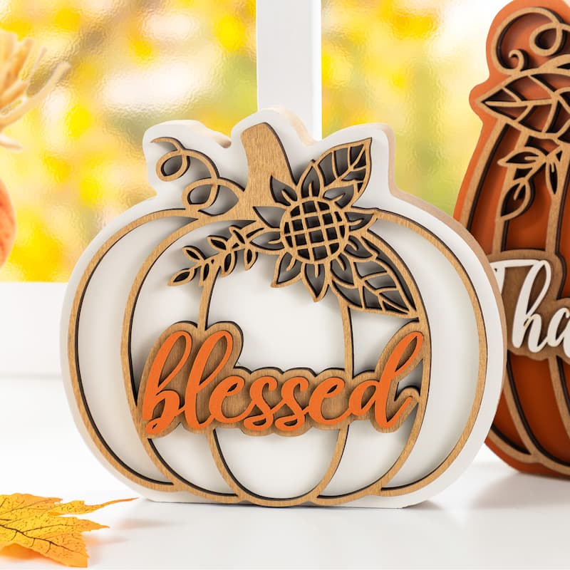 Glitzhome 8"H Set of 2 Fall Thanksgiving Wooden Pumpkin Table Decor