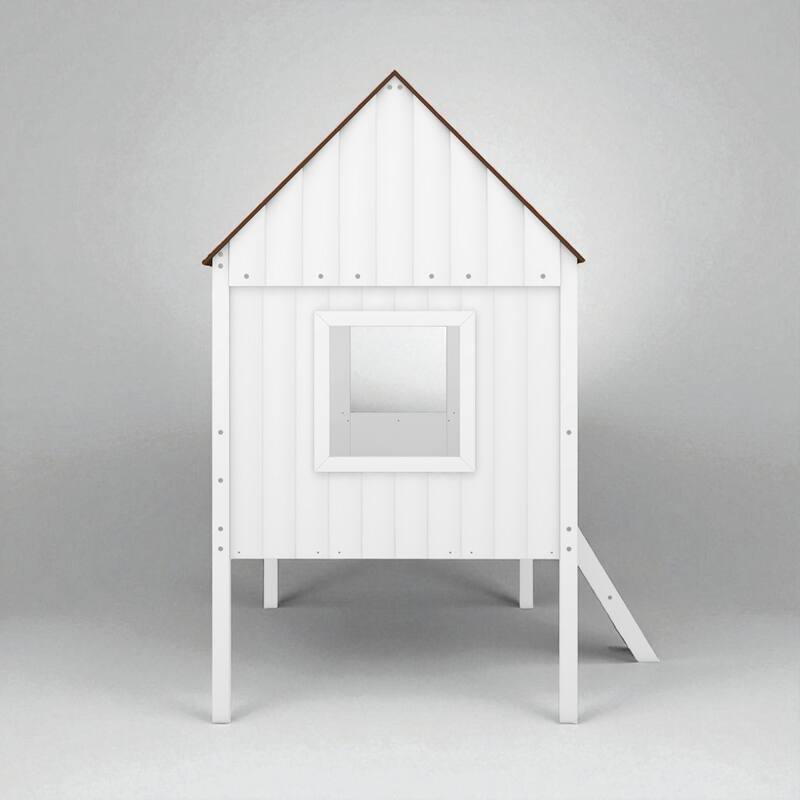 Twin Size House Bed with Roof and Side Windows, Low Loft Wooden Frame for Kids, No Box Spring Needed