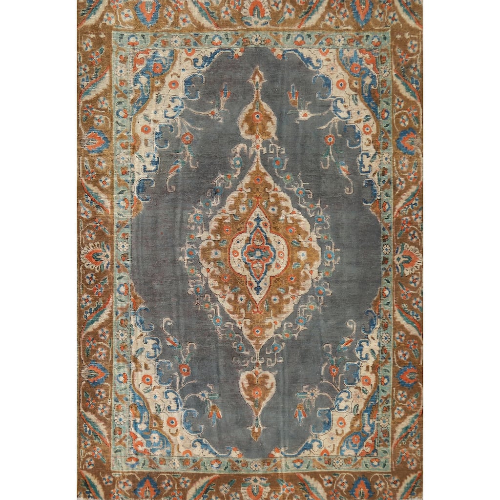 Hand Knotted Oriental 100% Wool Carpet Traditional Medallion Navy Blue & Blues Tabriz Area Rug - 5' 7'' X 4' 3''