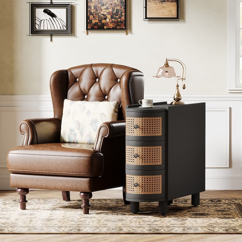 3-Drawer Solid Wood End Side Table Rattan Nightstand Bedside Table