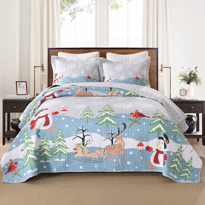 3 Pcs Reversible Christmas Quilt Bedspread Set