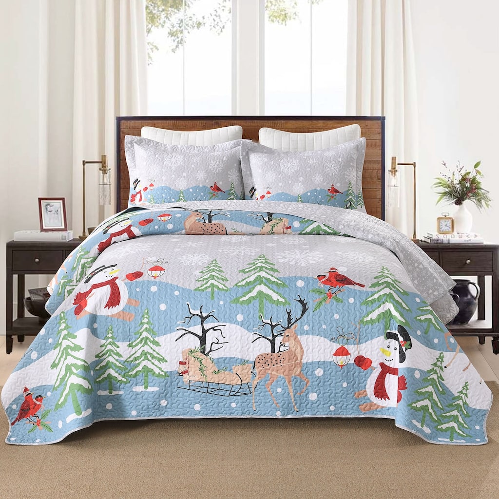 3 Pcs Reversible Christmas Quilt Bedspread Set