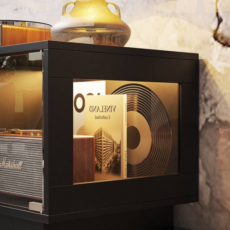 Modern Black Fireplace TV Stand Combo,Remote Fireplace Heater,2 Drawers,Light Strip & USB