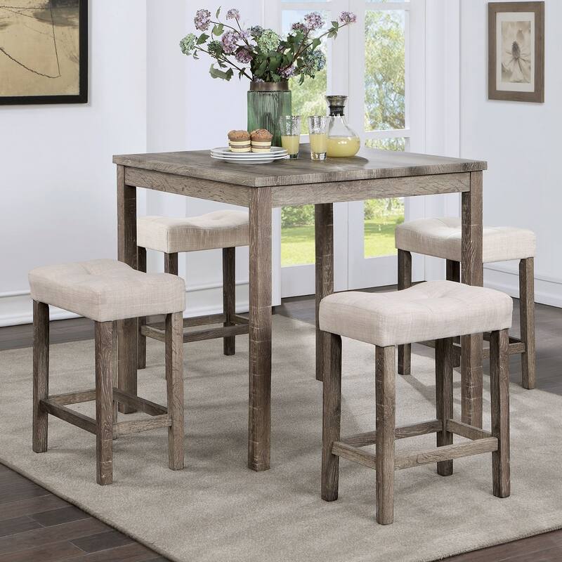 5-Piece Counter Height Dining Set with Gray Table and Beige Linen-like Upholstered Stools, Farmhouse-Inspired Rustic Charm