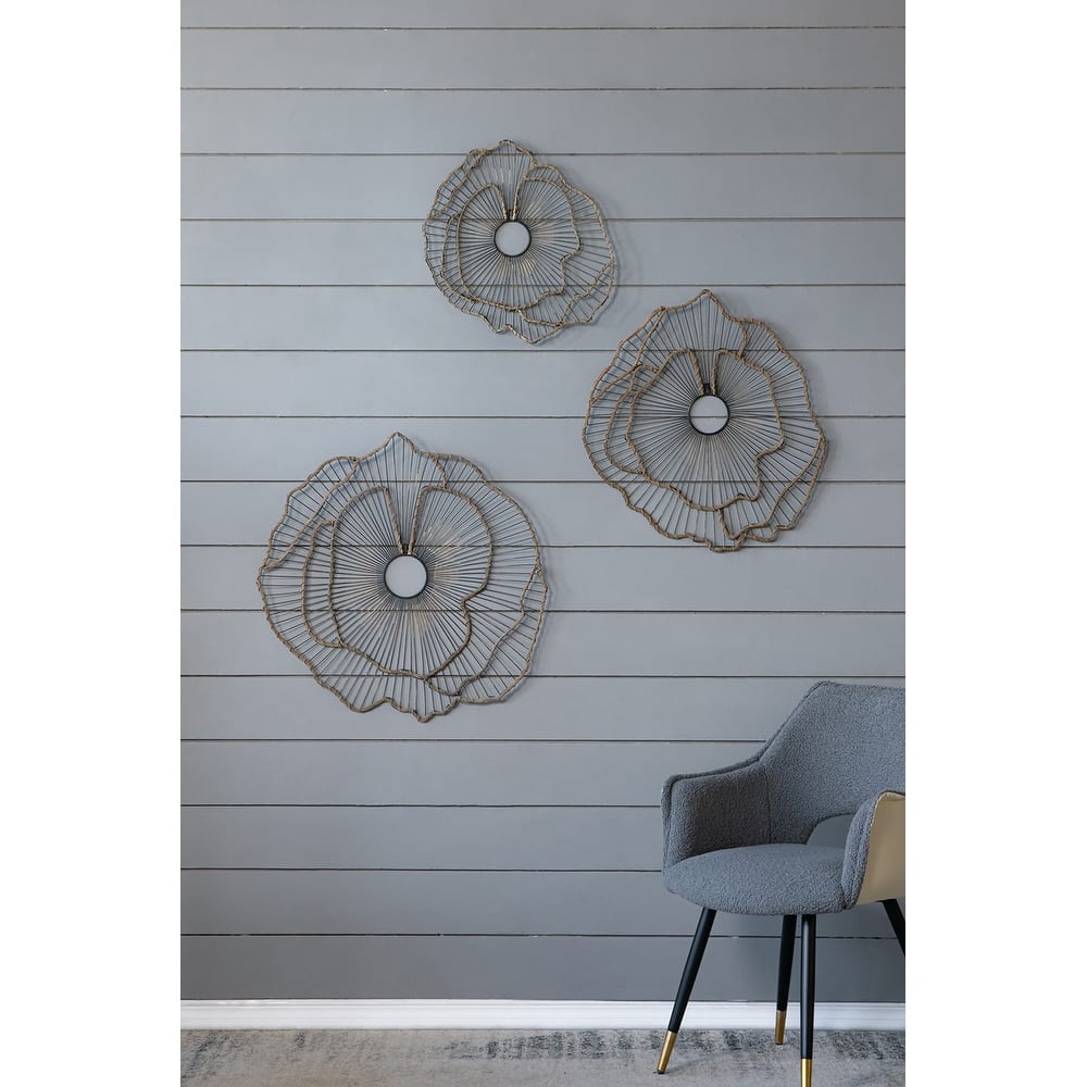 Set of 3, Modern Flowers Wall Decor, Wall Floral Sculpture with 3 Sided Mirror, for Foyer Porch Hallway Entrance