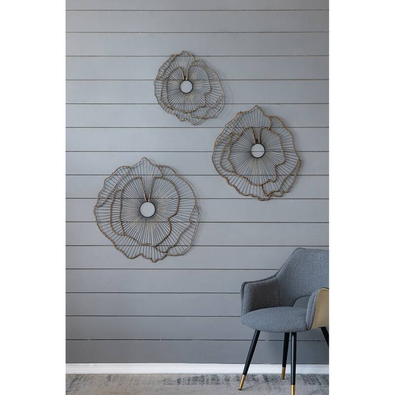 Set of 3 Metal Floral Wall Sculptures - Transitional Style for Entryway & Hallway - Chalk/Gold
