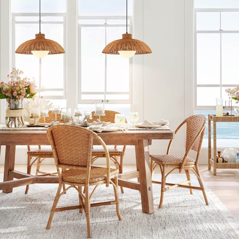 1-Light 15.7" W Farmhouse Brown Woven Rattan Dome Pendant lights for Dining Room, Living Room, Bedroom