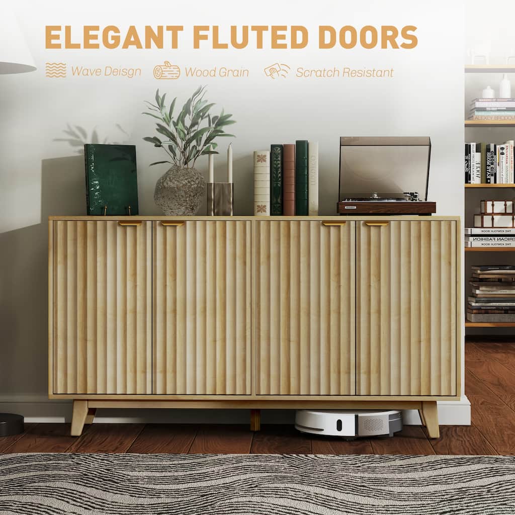 55" Modern Sideboard Buffet Cabinet with Adjustable Shelves and Wave-Fluted Design for Living Room - 55.1" W x 15.7" D x 29.9" H