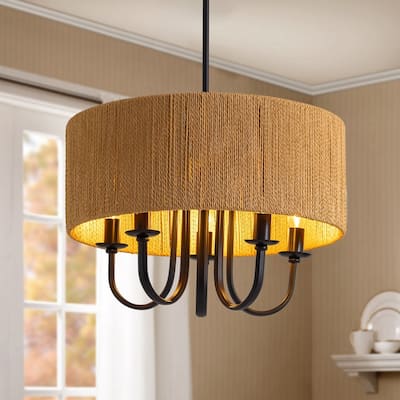 19" Farmhouse Rattan Chandelier Black Boho Chandelier for Dining Room - 19 in. x 26 in.