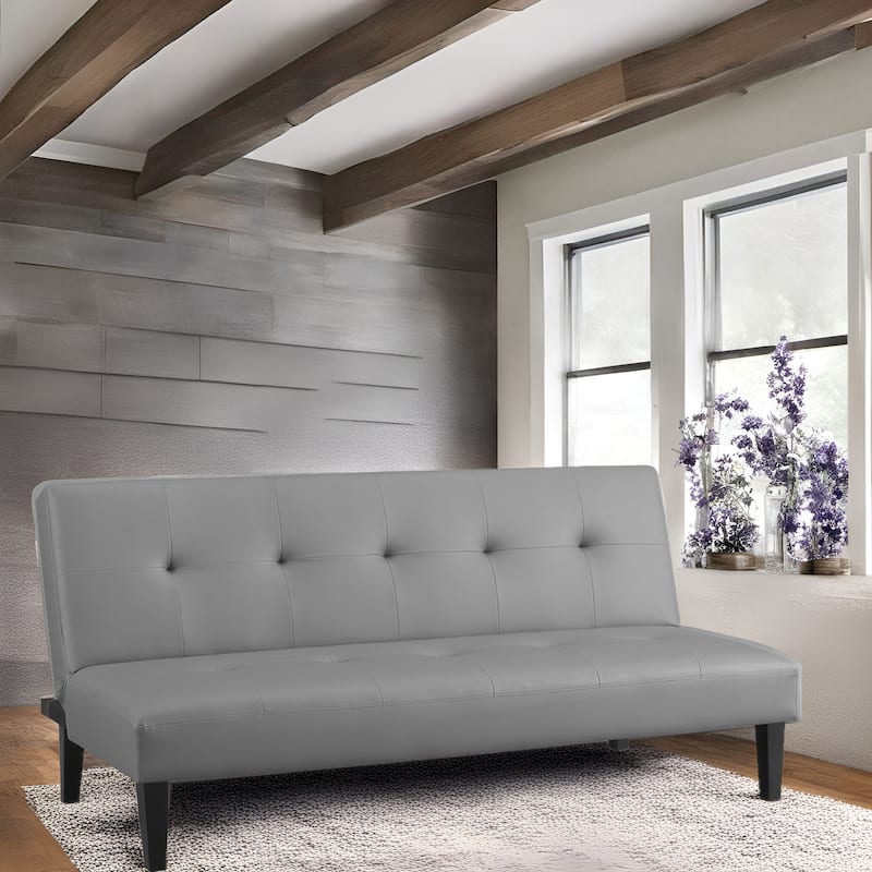 Modern Futon Sofa Bed, Convertible Couch with Wooden Legs, Recliner - Grey