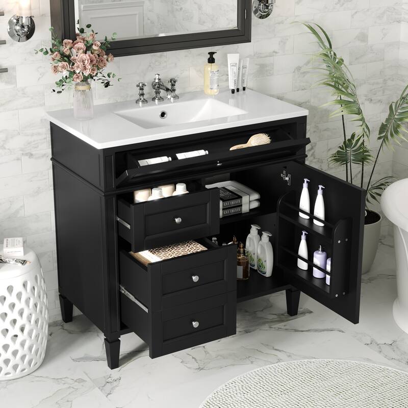 Modern Single Sink Bathroom Vanity Cabinet with Door Rack, Tip-out Drawer, 2 Pull-out Drawers, Metal Knobs and Adjustable Shelf