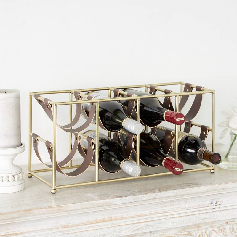 Gold Metal Wine Rack with Faux Leather Holding Straps - Gold - 19"W, 9"H