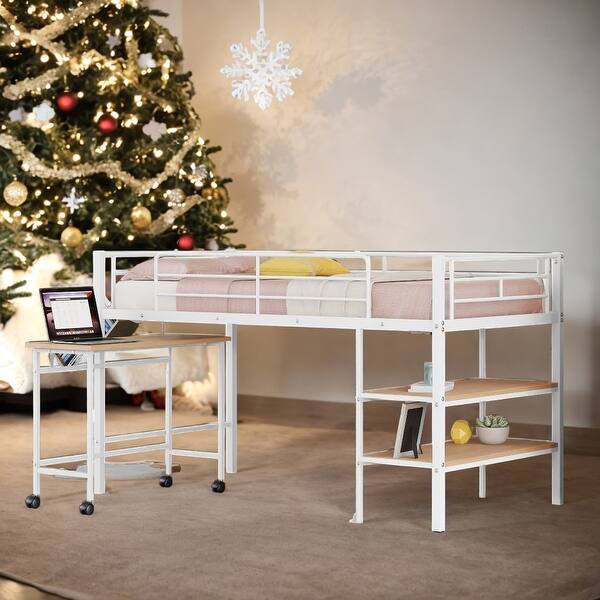 slide 2 of 33, Industrial Modern Twin Size Metal Loft Bed with Desk and Shelves, Sturdy Construction & Safety Guaranteed, Maximized Space