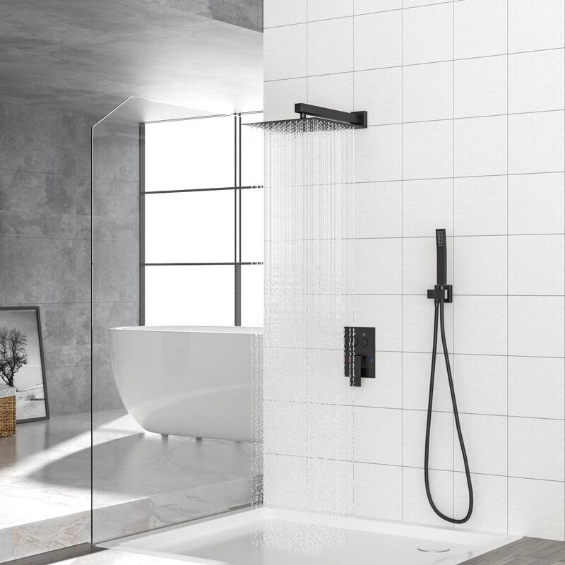 Dual Shower Head - 10 Inch Wall Mounted Square Shower System with Rough-in Valve, Brushed Nickel