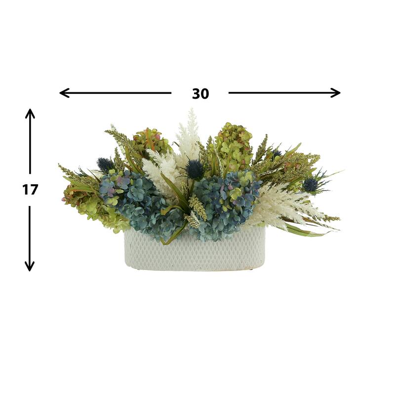 Assorted Hydrangea, Pampas, Thistle and Feather Arrangement in a Ceramic Vase