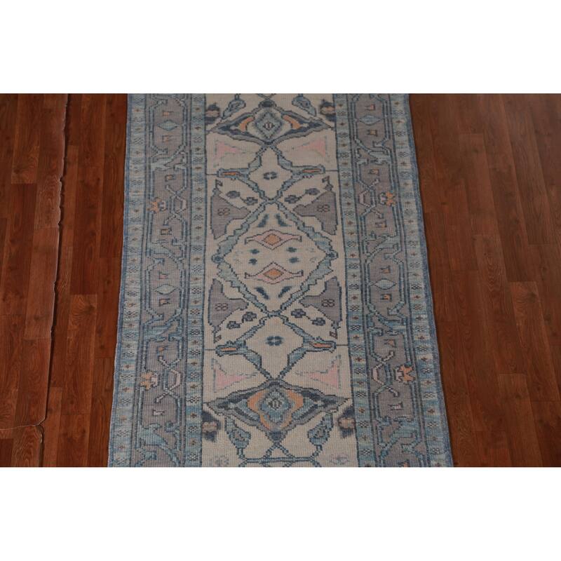 Hand Knotted Oriental 100% Wool Carpet Transitional Geometric Beige & Ivories Oushak Runner Rug - 14' 11'' X 3' 2''