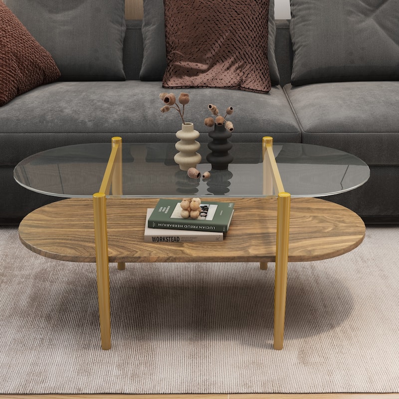 Oval Glass Coffee Table, 2-Tier Structure, Clear Glass Top and Walnut Finish Wood Shelf, Conical Legs with Gold Finish Frame