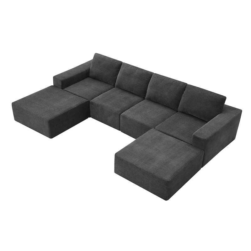 Modular U-Shaped Sectional Sofa with 2 Ottomans, Chenille Cloud Floor Couch, Fully Compressed Upholstered Sofa