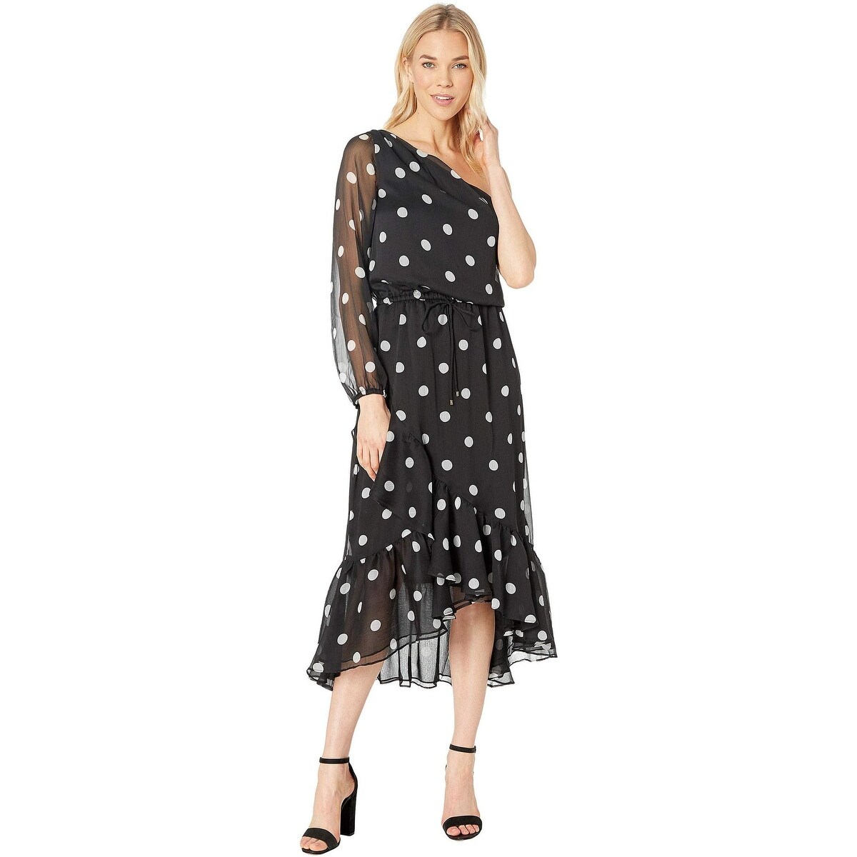 white polka dot one shoulder dress