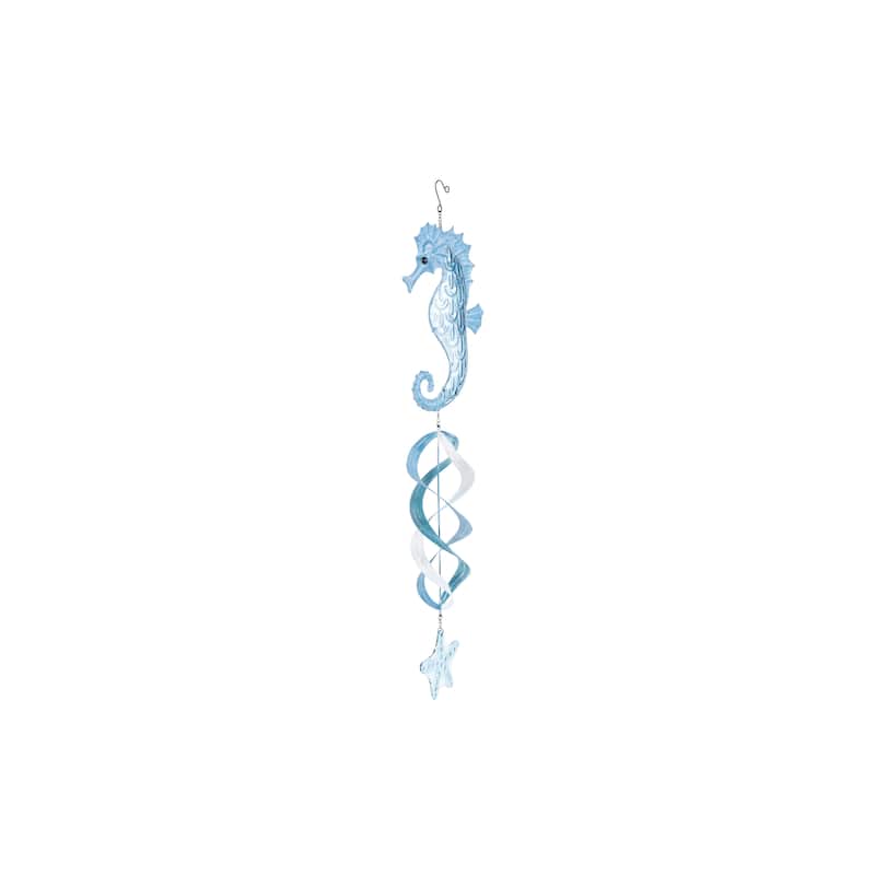 Metal Sea Horse Swirl Wind Spinner Windchime with Starfish Accent - Blue - Roche River Decor